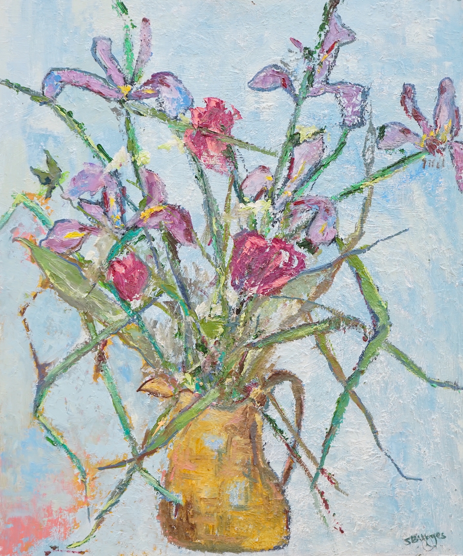 Sarah Burges (Contemporary) impasto on board, still life of flowers in a vase, signed, unframed, 73 x 61cm